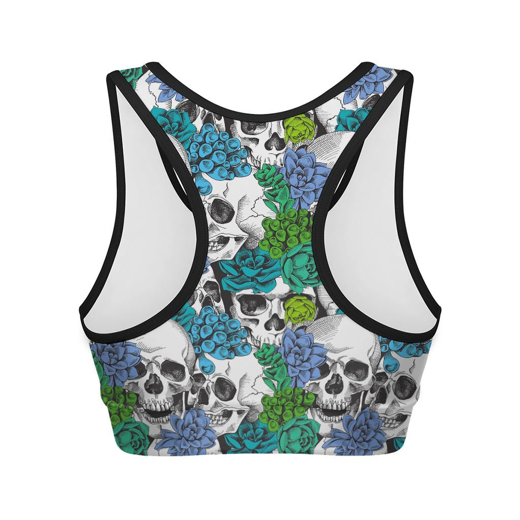 Green Blue Flowers Skull Pattern Print Women's Sports Bra