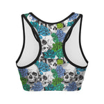 Green Blue Flowers Skull Pattern Print Women's Sports Bra