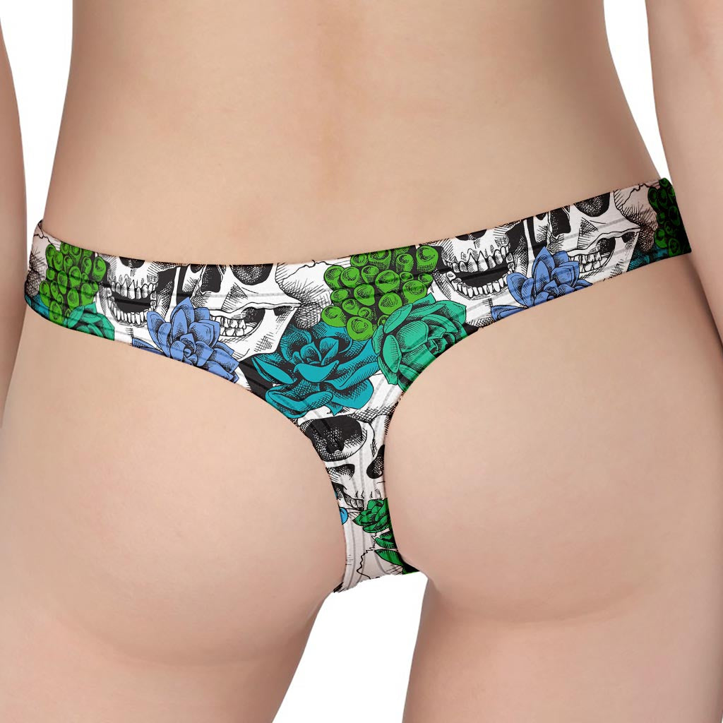 Green Blue Flowers Skull Pattern Print Women's Thong