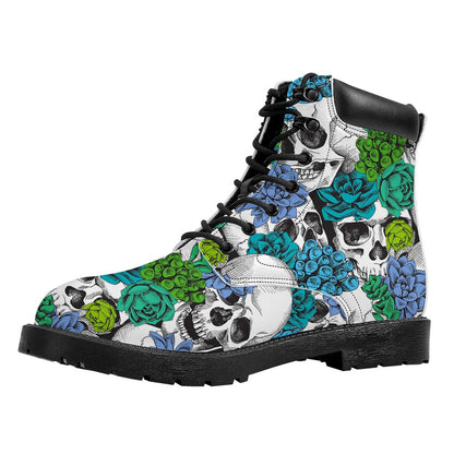 Green Blue Flowers Skull Pattern Print Work Boots