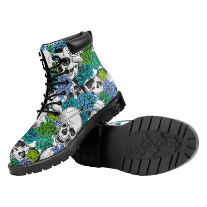 Green Blue Flowers Skull Pattern Print Work Boots