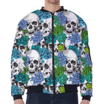 Green Blue Flowers Skull Pattern Print Zip Sleeve Bomber Jacket