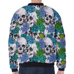 Green Blue Flowers Skull Pattern Print Zip Sleeve Bomber Jacket