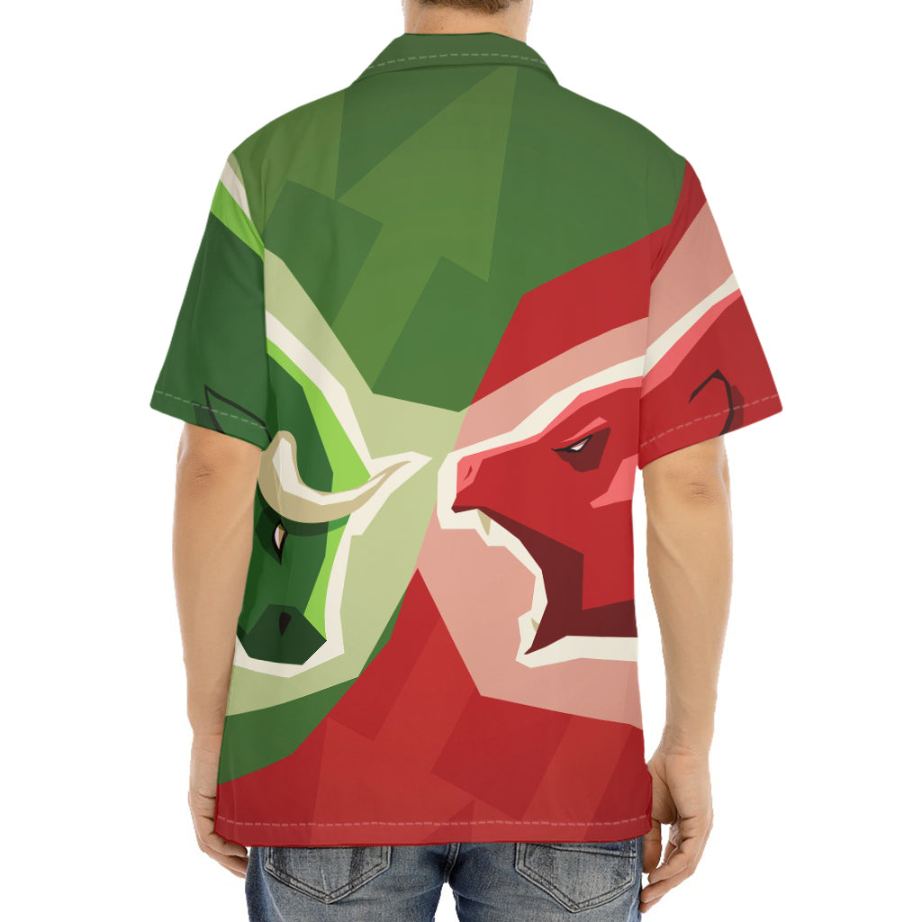 Green Bull And Red Bear Stock Print Aloha Shirt
