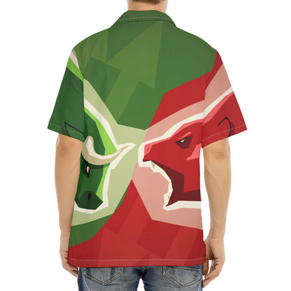 Green Bull And Red Bear Stock Print Aloha Shirt
