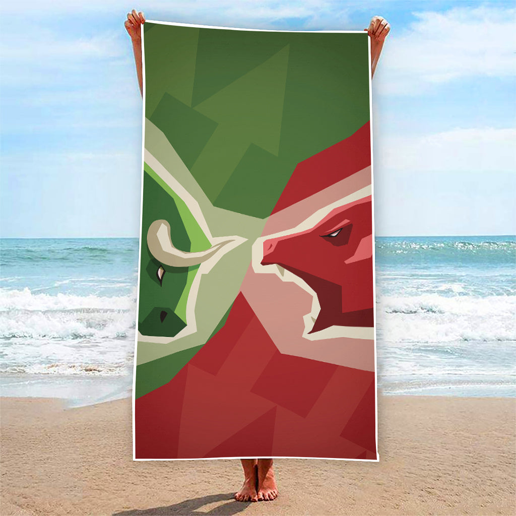 Green Bull And Red Bear Stock Print Beach Towel