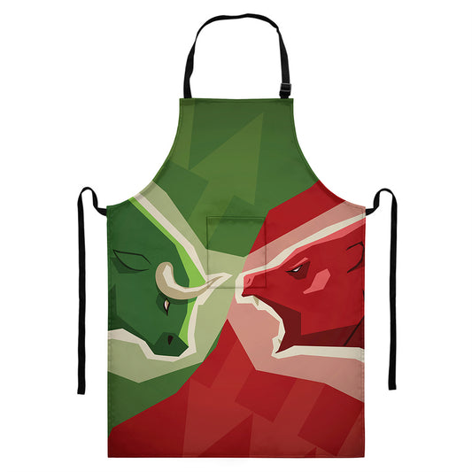 Green Bull And Red Bear Stock Print Bib Apron With Pocket