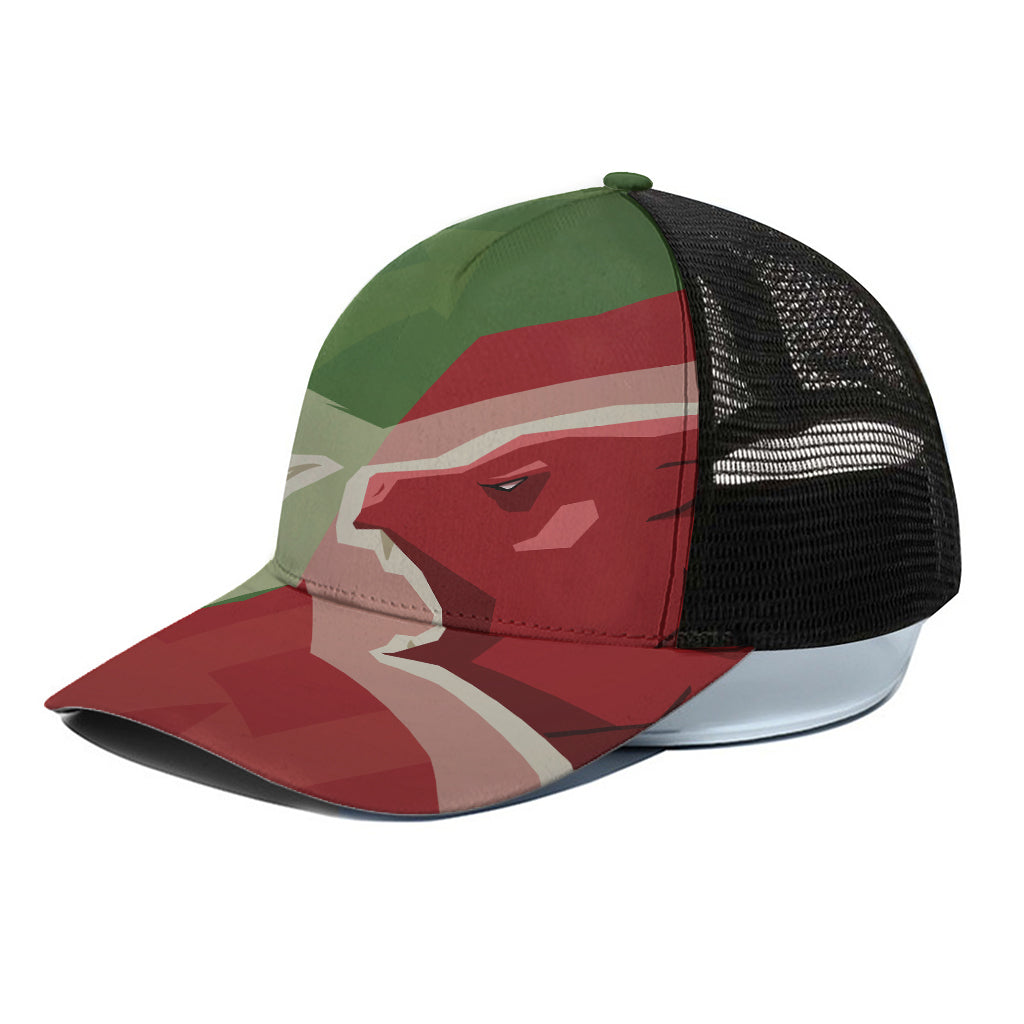 Green Bull And Red Bear Stock Print Black Mesh Trucker Cap