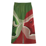 Green Bull And Red Bear Stock Print Cotton Front Slit Maxi Skirt