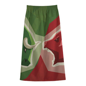 Green Bull And Red Bear Stock Print Cotton Front Slit Maxi Skirt