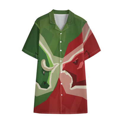 Green Bull And Red Bear Stock Print Cotton Hawaiian Shirt