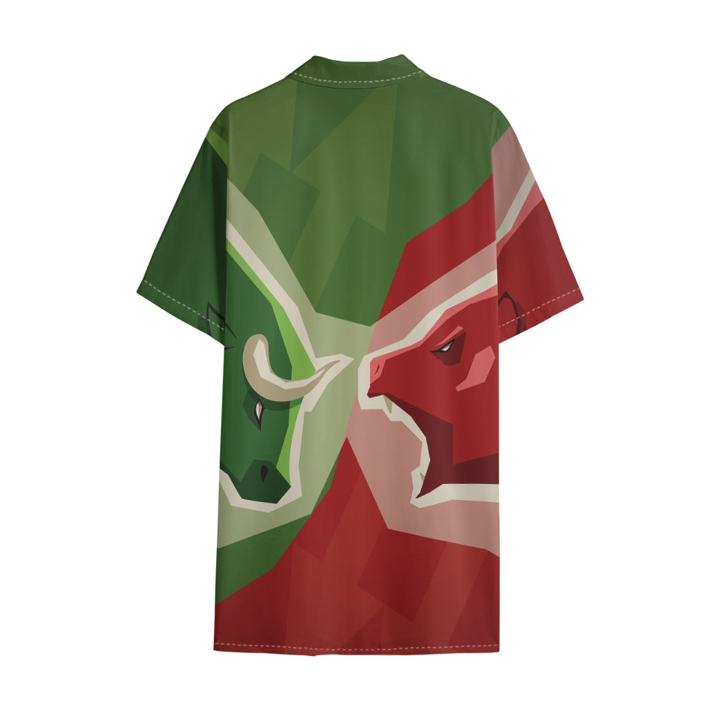 Green Bull And Red Bear Stock Print Cotton Hawaiian Shirt