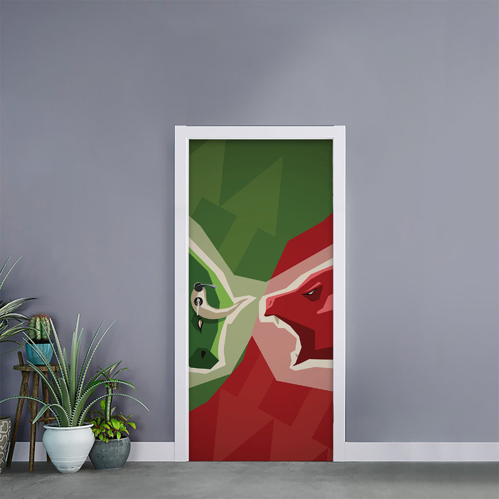 Green Bull And Red Bear Stock Print Door Sticker