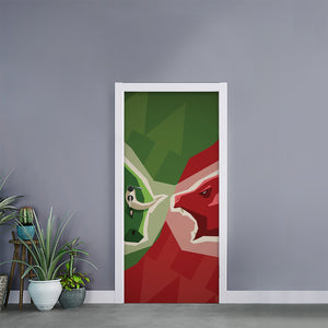 Green Bull And Red Bear Stock Print Door Sticker