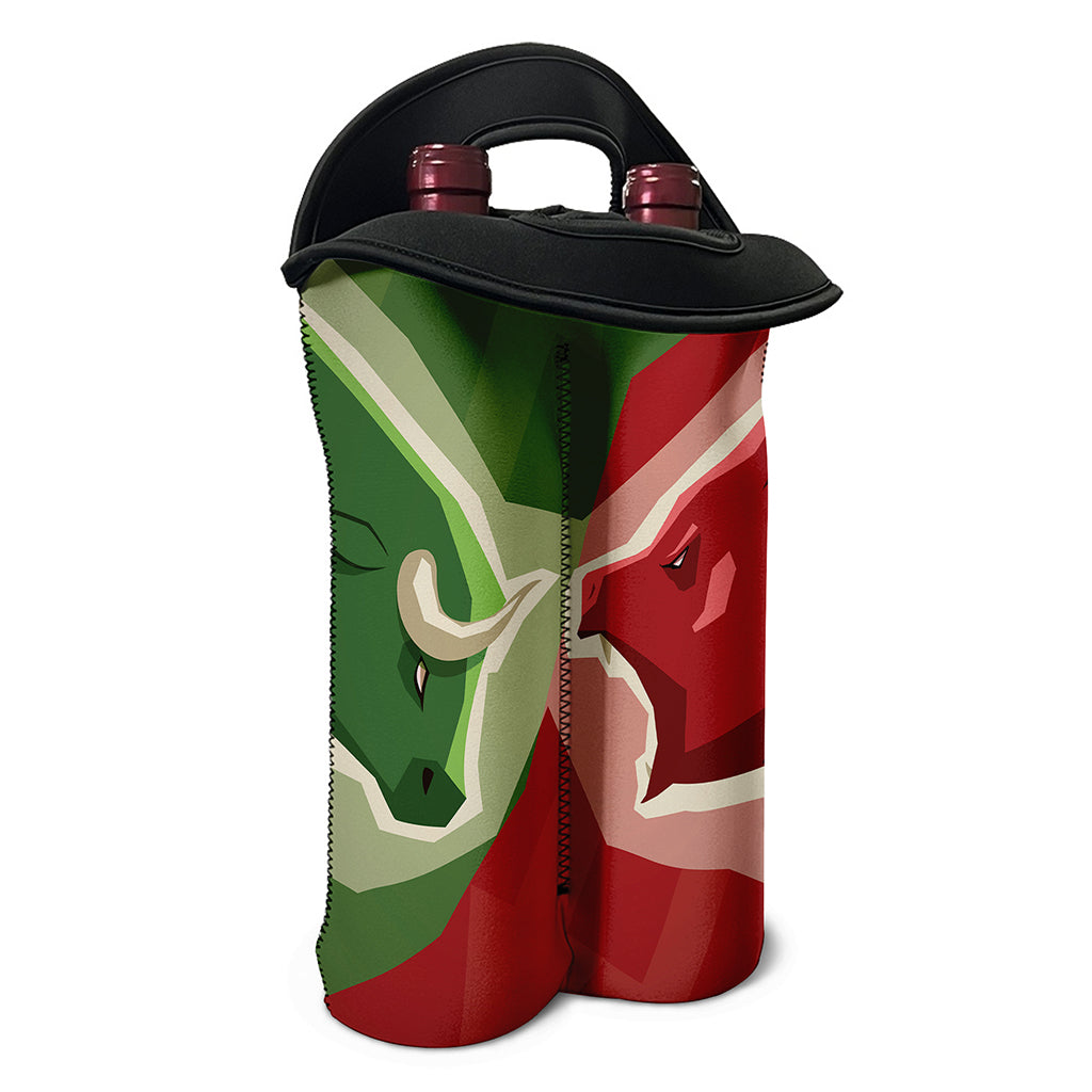 Green Bull And Red Bear Stock Print Double Neoprene Wine Tote