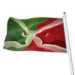 Green Bull And Red Bear Stock Print Flag