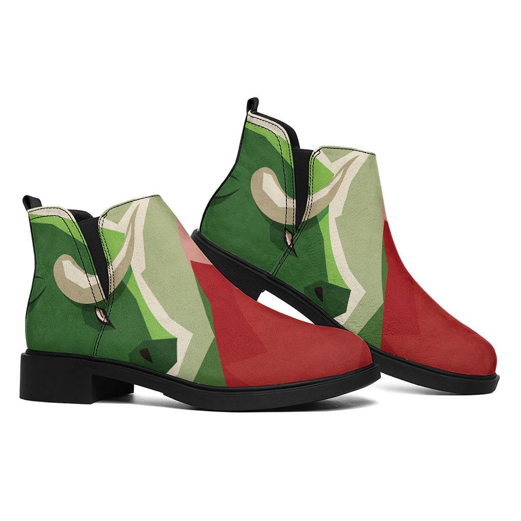 Green Bull And Red Bear Stock Print Flat Ankle Boots