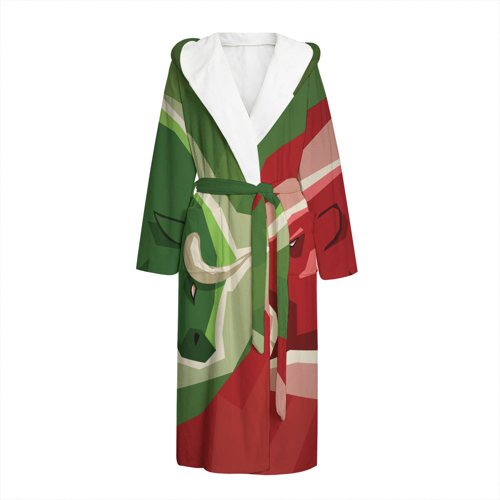 Green Bull And Red Bear Stock Print Hooded Bathrobe