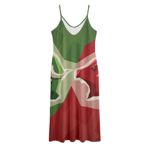 Green Bull And Red Bear Stock Print Jersey Midi Cami Dress