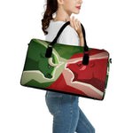Green Bull And Red Bear Stock Print Leather Duffle Bag