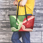 Green Bull And Red Bear Stock Print Leather Tote Bag