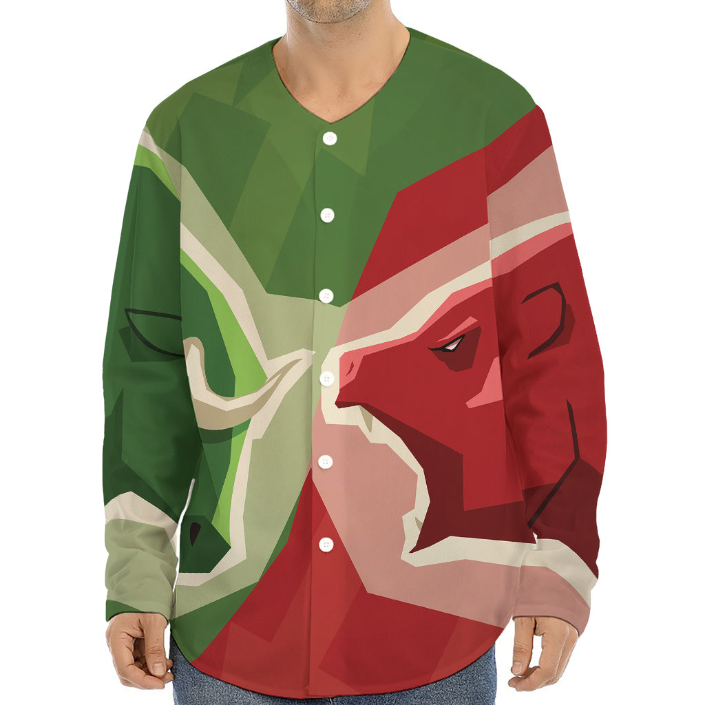 Green Bull And Red Bear Stock Print Long Sleeve Baseball Jersey