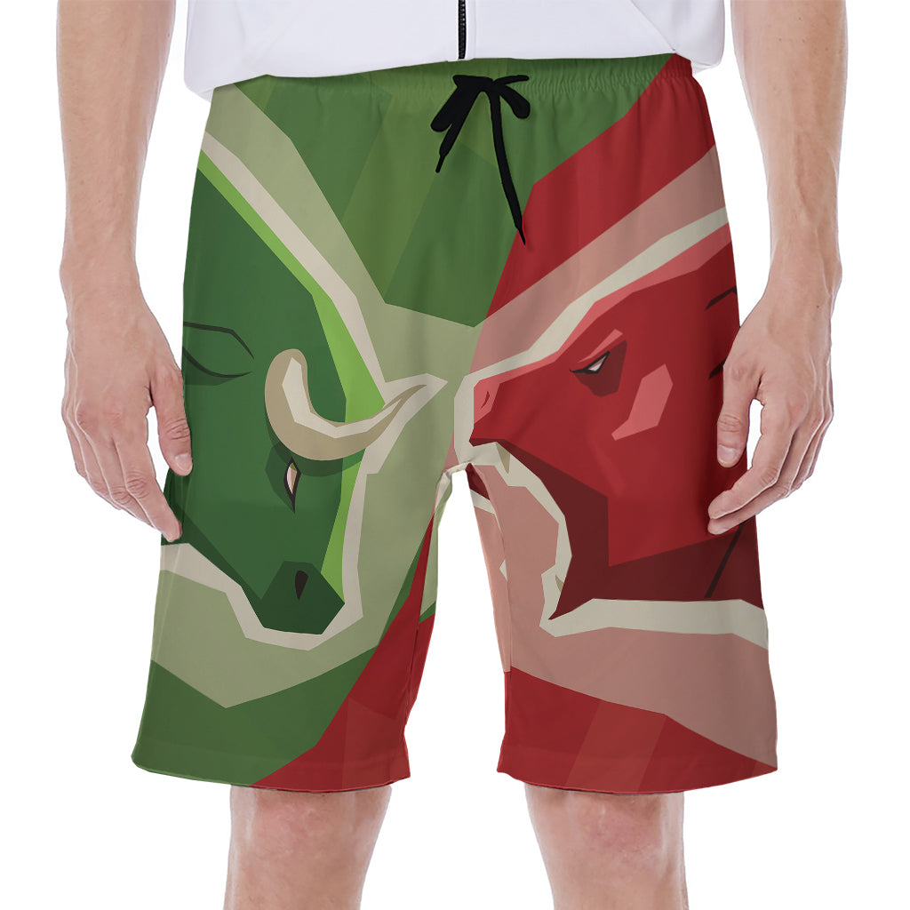 Green Bull And Red Bear Stock Print Men's Beach Shorts