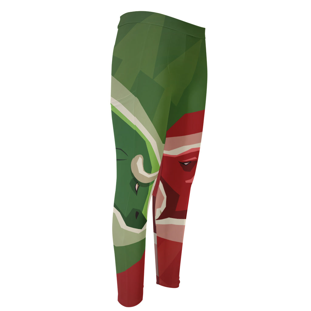 Green Bull And Red Bear Stock Print Men's Compression Pants