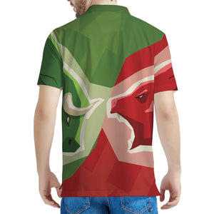 Green Bull And Red Bear Stock Print Men's Polo Shirt