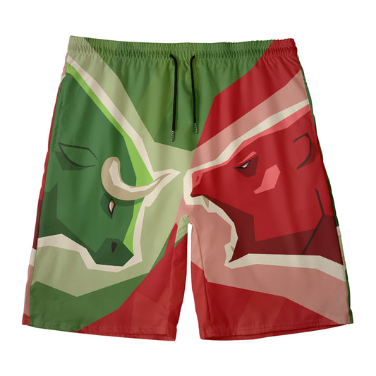 Green Bull And Red Bear Stock Print Men's Swim Trunks