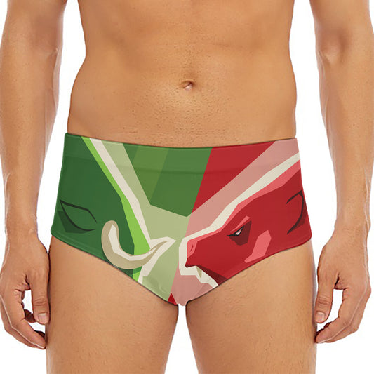 Green Bull And Red Bear Stock Print Men's Triangle Swim Briefs