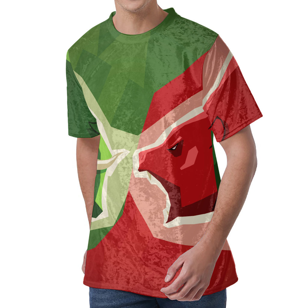 Green Bull And Red Bear Stock Print Men's Velvet T-Shirt