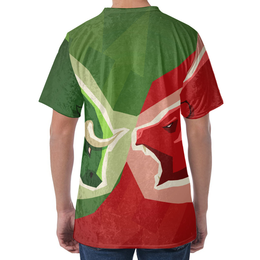 Green Bull And Red Bear Stock Print Men's Velvet T-Shirt