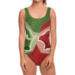 Green Bull And Red Bear Stock Print One Piece Swimsuit