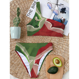 Green Bull And Red Bear Stock Print One Shoulder Bikini Top