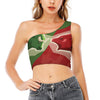 Green Bull And Red Bear Stock Print One Shoulder Crop Top