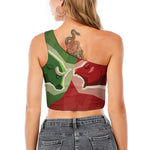 Green Bull And Red Bear Stock Print One Shoulder Crop Top