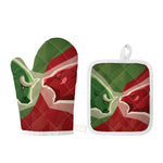 Green Bull And Red Bear Stock Print Oven Mitt And Pot Holder Set