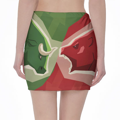 Green Bull And Red Bear Stock Print Pencil Mini Skirt