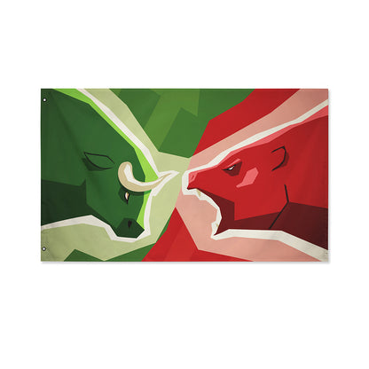 Green Bull And Red Bear Stock Print Polyester Flag