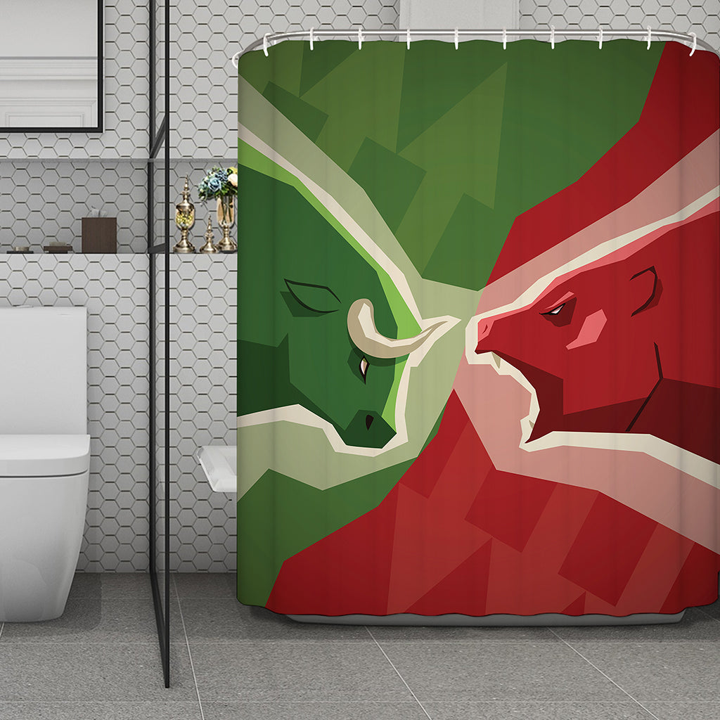 Green Bull And Red Bear Stock Print Polyester Shower Curtain