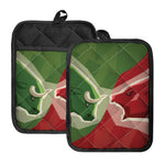 Green Bull And Red Bear Stock Print Pot Holders With Pocket