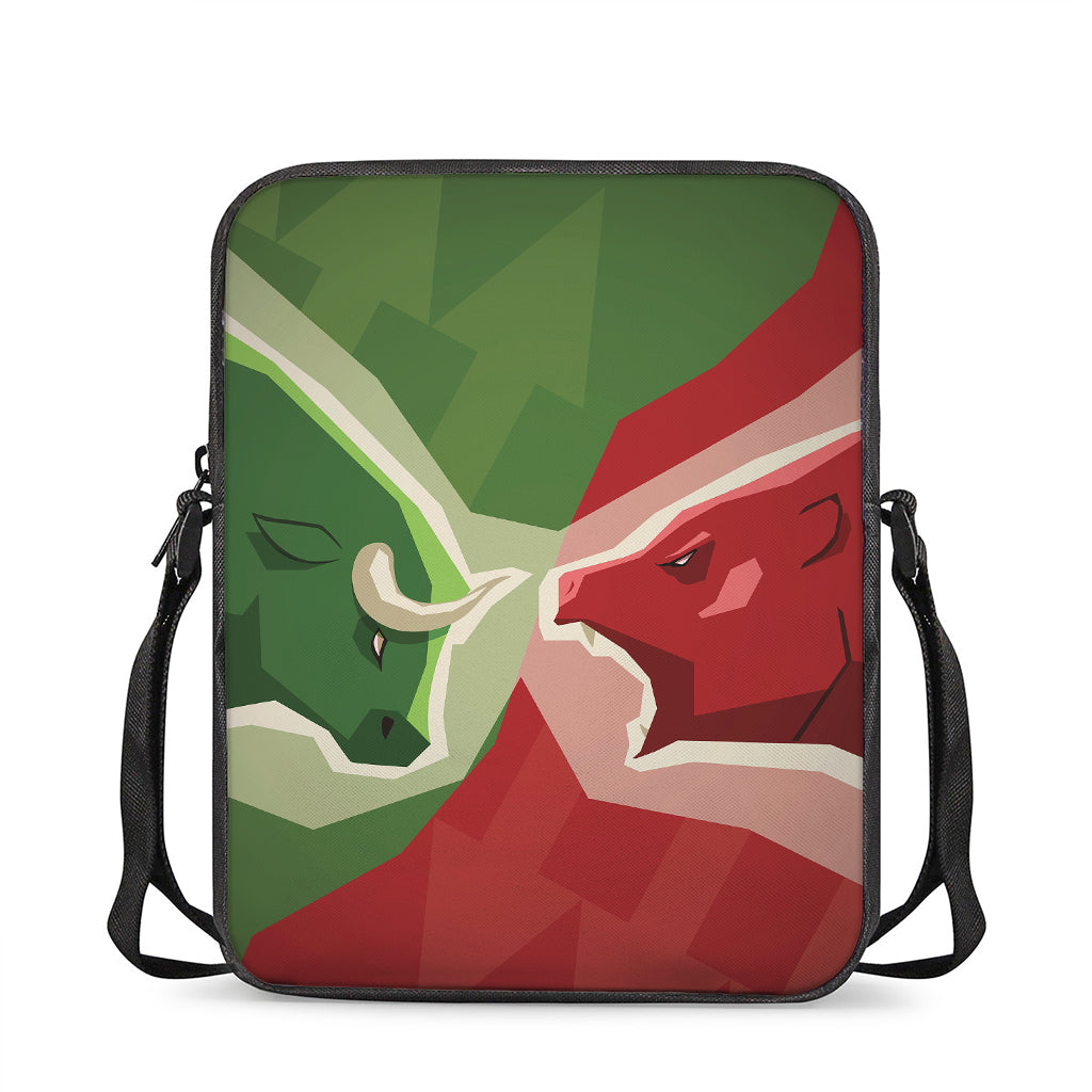 Green Bull And Red Bear Stock Print Rectangular Crossbody Bag