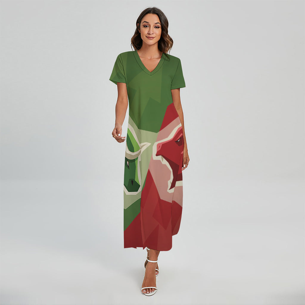 Green Bull And Red Bear Stock Print Short Sleeve Maxi Dress