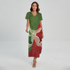 Green Bull And Red Bear Stock Print Short Sleeve Maxi Dress