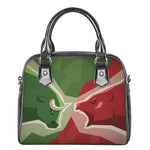 Green Bull And Red Bear Stock Print Shoulder Handbag