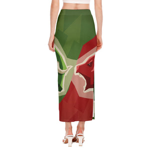 Green Bull And Red Bear Stock Print Side Slit Maxi Skirt