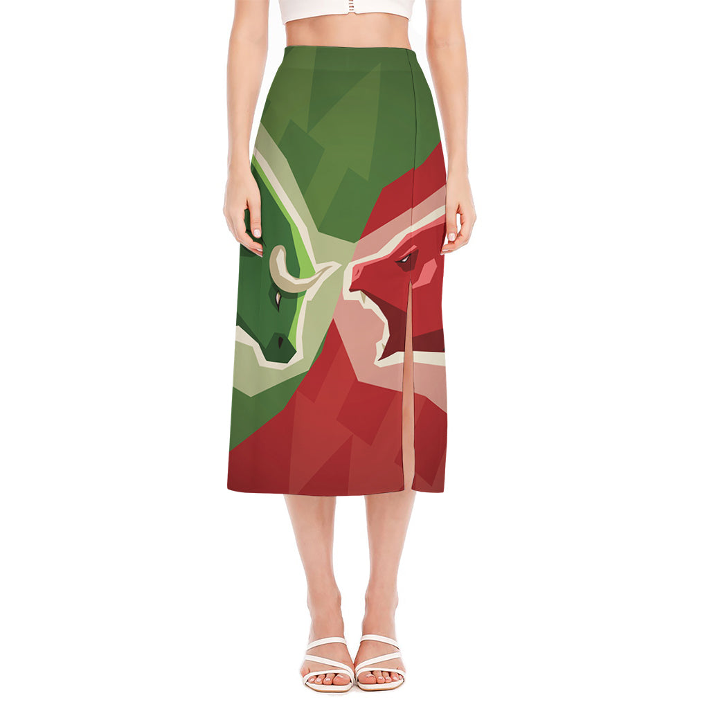 Green Bull And Red Bear Stock Print Side Slit Midi Skirt