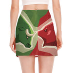 Green Bull And Red Bear Stock Print Side Slit Mini Skirt