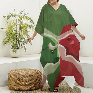 Green Bull And Red Bear Stock Print Silk V-Neck Kaftan Dress